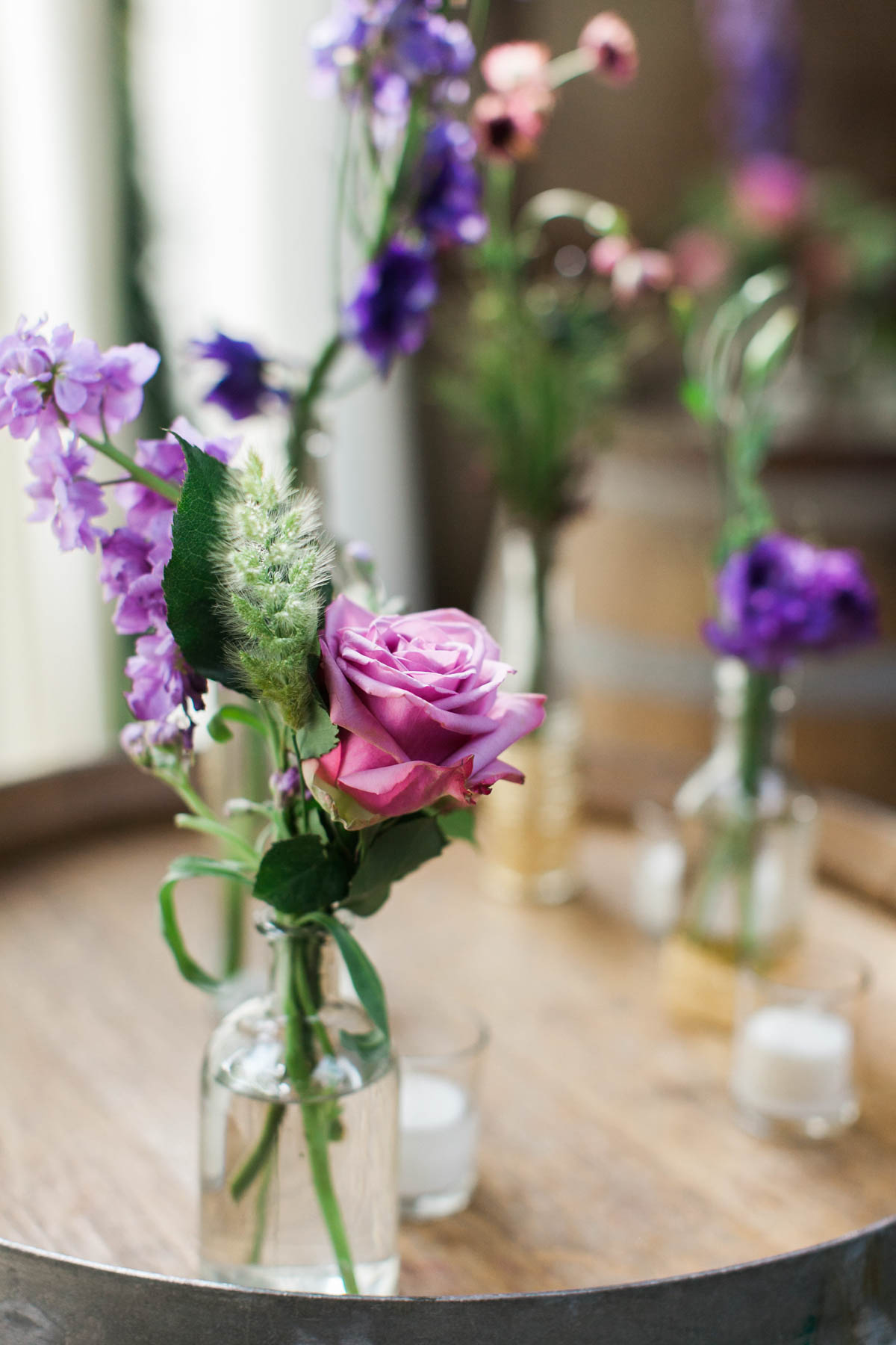 Accent Bud Vases with Purple Flowers