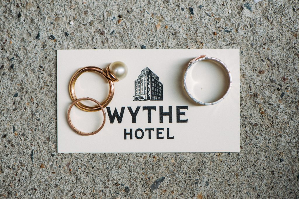 The Wythe Hotel Business card with wedding rings